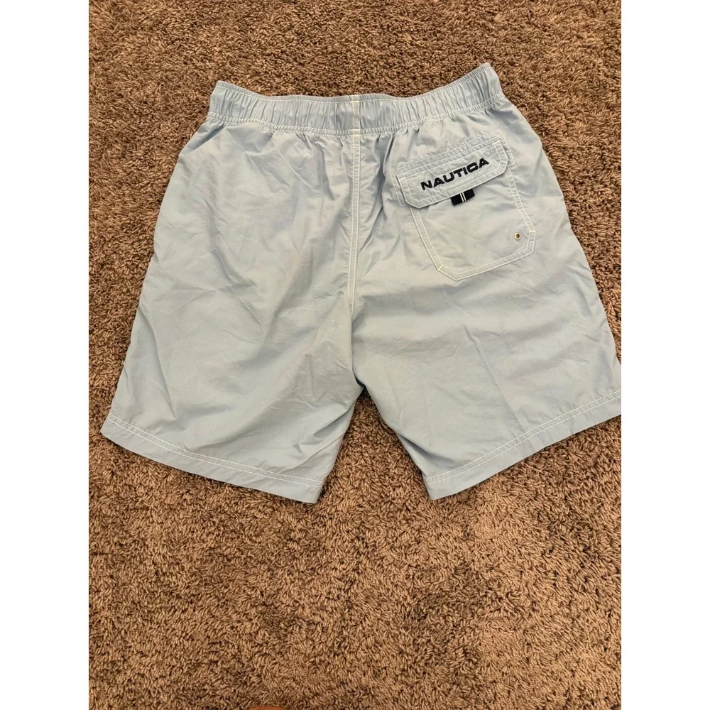 Nautica Mens Light Blue Swim Trunks Mesh Lined Board Shorts Drawstring Waist